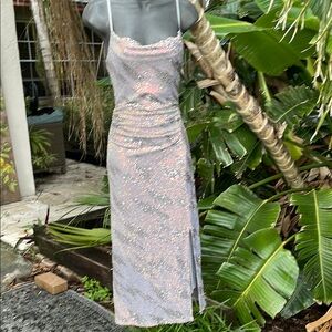 Astr cowl neck silver sequin stripes, slipped dress with front slit
